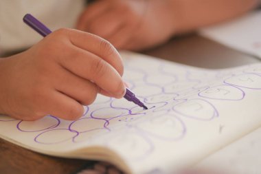 Bir çocuk evdeki mor kalemle deftere numaralar yazar..