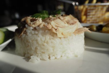 Üzerine doğranmış tavuk konmuş pirinç, kenarları olan bir tabakta servis edilir..