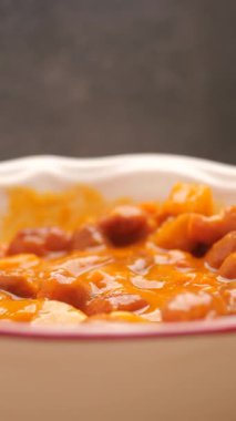 Fasulyeler mutfak tezgahındaki bir kasede sosla karıştırılır..