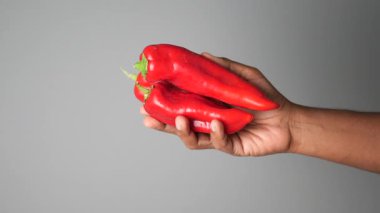 Bir el, parlak kırmızı biberleri yemek ve yemek tarifleri için hazır tutar..