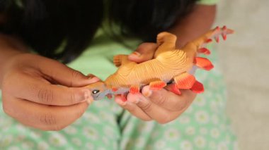 Bir çocuk, dinazor oyuncağıyla gülümseyip oynarken etkileşime girer..