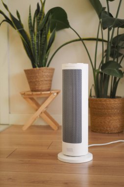 Isıtıcı, ahşap zeminli sıcak kapalı bir alanda, yüksek bitkilerin yanında duruyor..