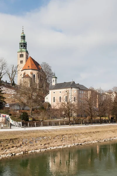 View Salzach River Salzburg Austria Background Parish Church Mulln Roman — Stock Photo, Image