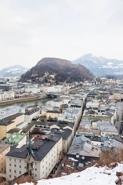 Vista Invernale Sul Fiume Salzach Sullo Skyline Salisburgo Austria Sullo — Foto Stock