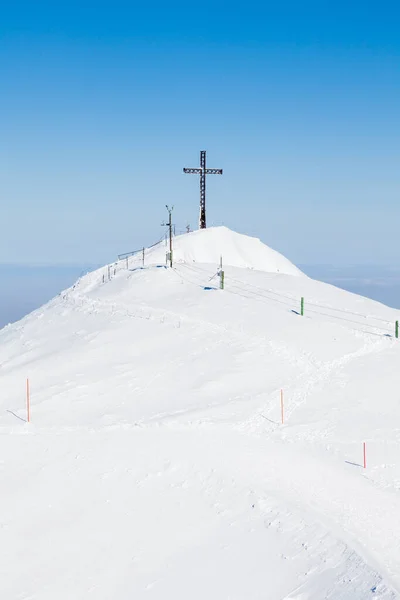 アンタースベルク サミット オーストリアのウンタースベルク山の頂上からの眺めは 十字架を目指しています 山はドイツとオーストリアの国境をまたいでいる — ストック写真