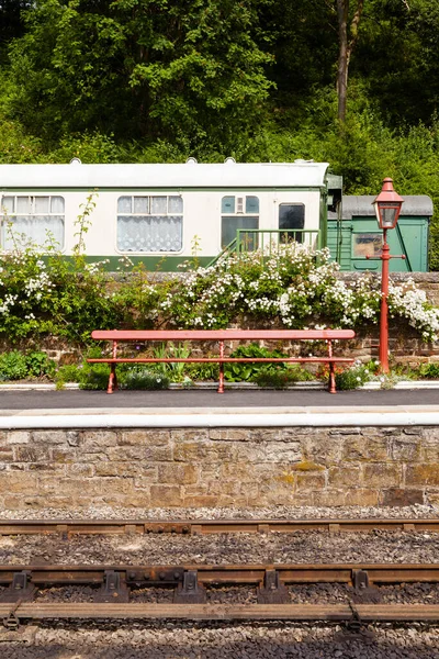 Bench Lampost Platform Goathland Station North Yorkshire Moors Railway Northern — Stock Photo, Image