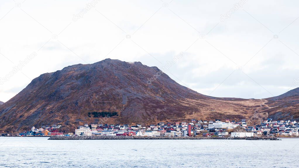 The Norwegian port city of Honningsvag coastline viewed from the Barents Sea.