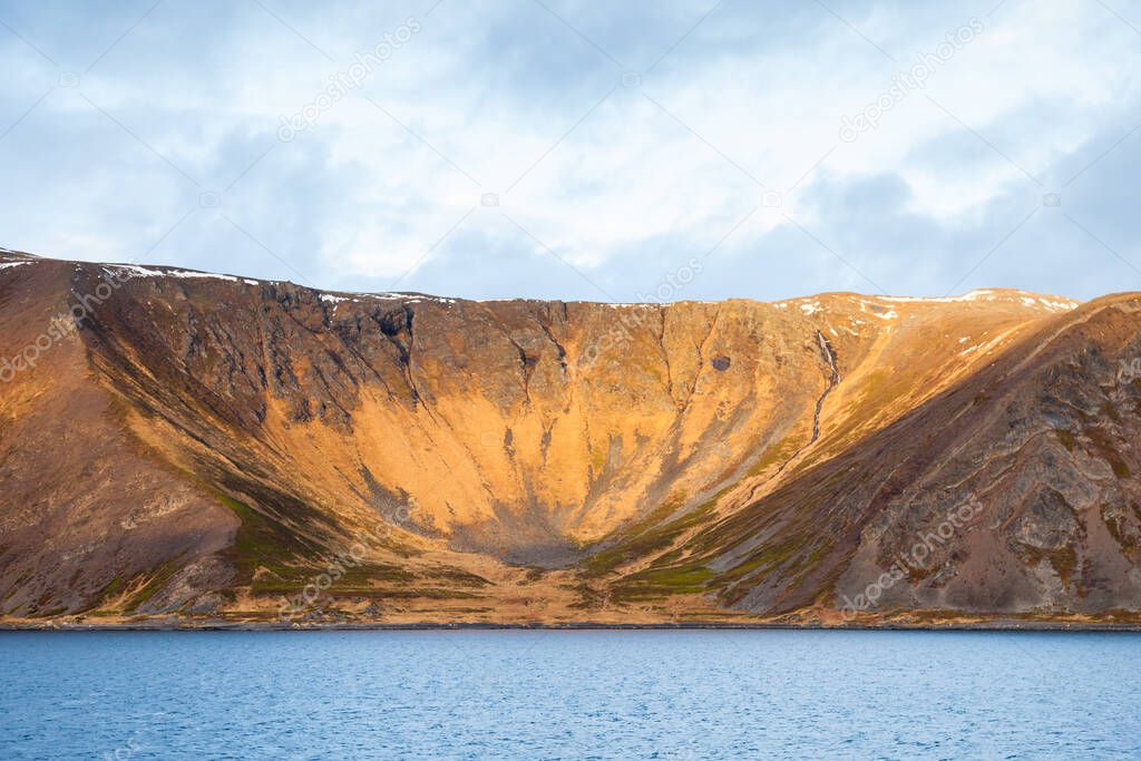 Norwegian coastline.  A winter view of the rocky coastline close to the Norwegian city of Honningsvag.