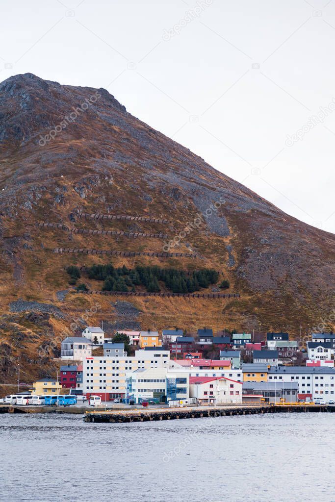 The Norwegian port city of Honningsvag coastline viewed from the Barents Sea.