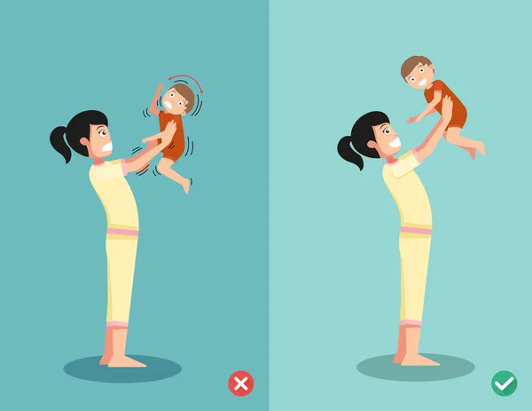 Never shake a baby, right and wrong ways for playing with the bab — стоковый вектор