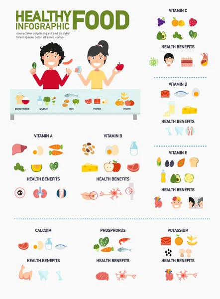 Alimentos saludables Infografías . — Archivo Imágenes Vectoriales