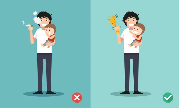 Stop smoking for children, wrong and right for no smoking . — Stock Vector