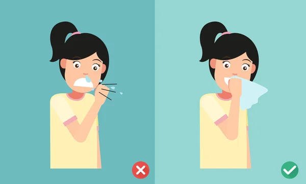 Estornudos correctos e incorrectos en la mano y el pañuelo, ilustración — Vector de stock