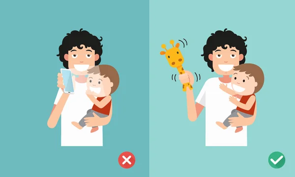 Formas equivocadas y correctas de jugar con niños. Smartphone puede afectar el desarrollo social y emocional . — Vector de stock