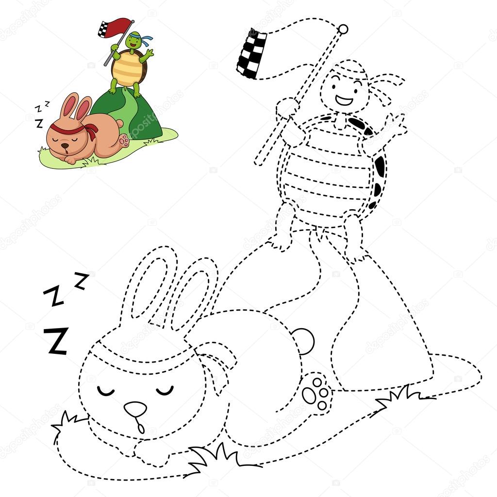 Illustrazione di gioco educativo per bambini e disegni da colorare libro vettoriale tartaruga e coniglio in esecuzione di una gara — Vettoriali di