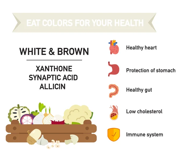 Äta färger för din hälsa-vit & brun mat, äta en rainbow av frukt och grönsaker — Stock vektor