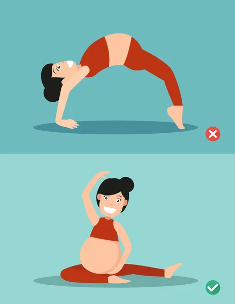 Incorrecta y correcta postura de salud de las mujeres embarazadas de yoga, vector — Archivo Imágenes Vectoriales