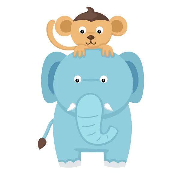 Illustrazione di elefante isolato con scimmia sul dorso bianco — Vettoriale Stock