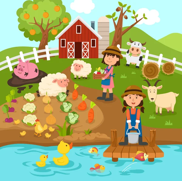 Jordbruksproduktionen, landsbygdens landscape.illustration. — Stock vektor