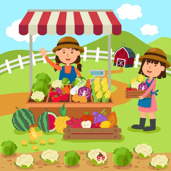 Ilustración mujer de dibujos animados vende verduras frescas y frutas hom — Vector de stock