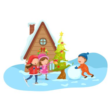 Kış manzarasında mutlu noeller. Vektör.