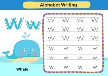 Alfabe Harf Harfleri Çizgi film sözlüğü illükleri ile W-Whale egzersizi, vektör