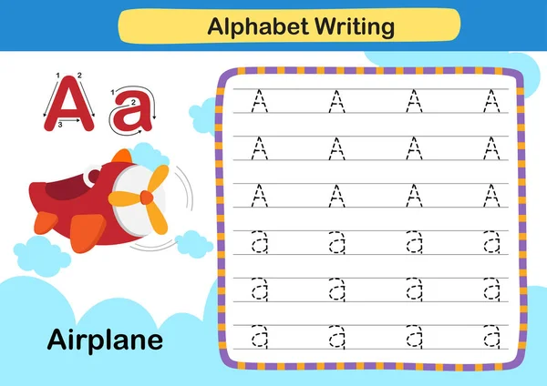 字母字母A Airplane练习 附有卡通词汇表 — 图库矢量图片
