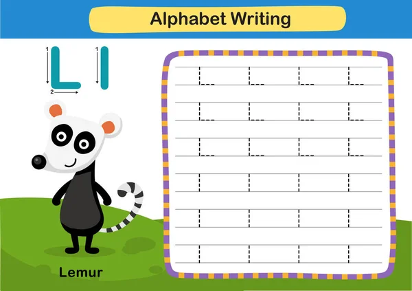 Alfabeto Ejercicio Letras Lemur Con Ilustración Vocabulario Dibujos Animados Vector — Archivo Imágenes Vectoriales