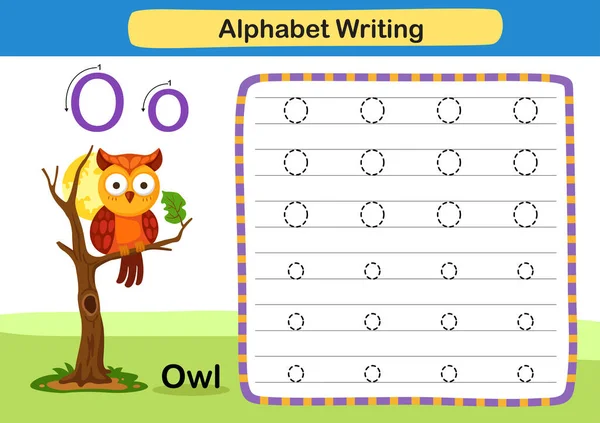 Alphabet Exercice Lettre Owl Avec Illustration Vocabulaire Bande Dessinée Vecteur — Image vectorielle