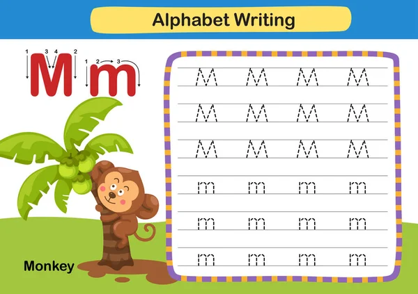Bokstavsövning Monkey Med Tecknad Vokabulär Illustration Vektor — Stock vektor