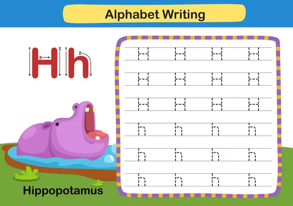 Alphabet Buchstabenübung Nilpferd Mit Cartoon Vokabular Illustration Vektor — Stockvektor