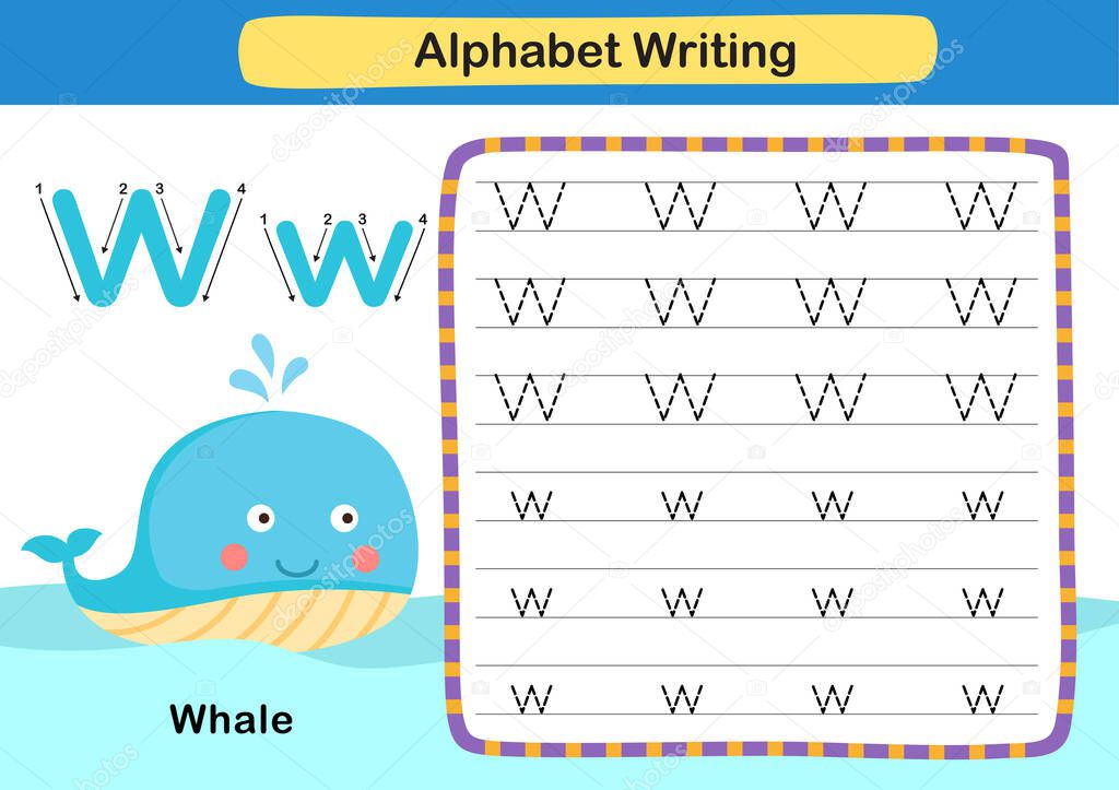 Alphabet Letter exercise W-Whale with cartoon vocabulary illustration, vector