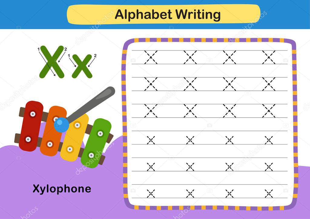 Alphabet Letter exercise X-Xylophone with cartoon vocabulary illustration, vector