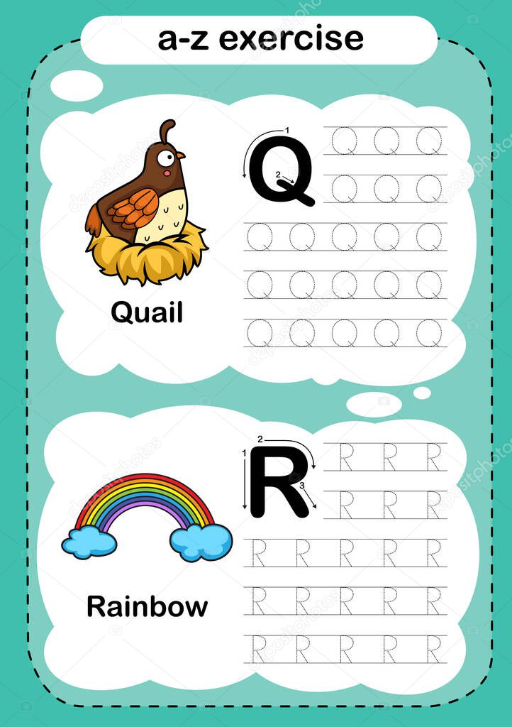 Alphabet Letter Q - R exercise with cartoon vocabulary illustration, vector