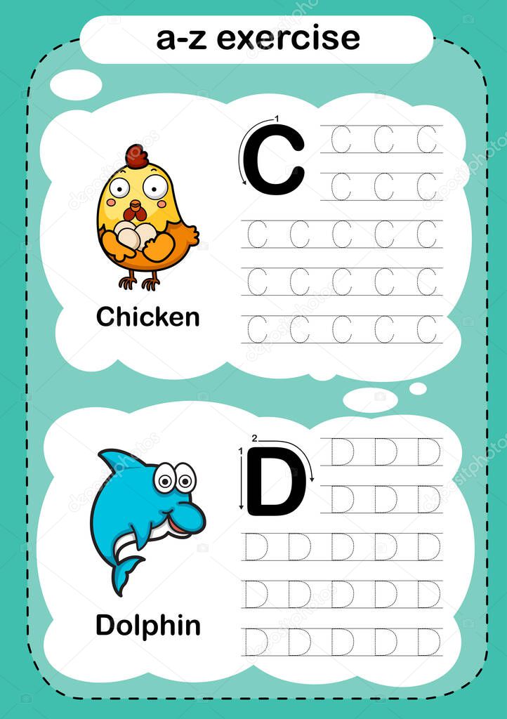 Alphabet Letter C - D exercise with cartoon vocabulary illustration, vector