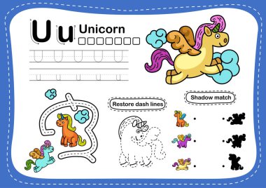 Çizgi film kelime illüstrasyonlu Alfabe Harfi U-unicorn egzersizi, vektör