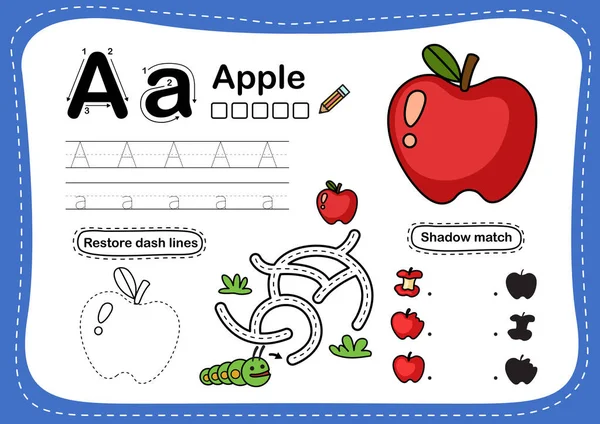 Alfabet Letter Appel Oefening Met Cartoon Woordenschat Illustratie Vector — Stockvector