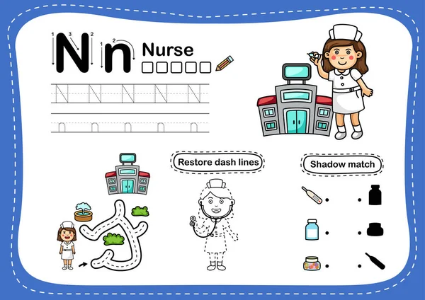 字母N护士练习 附有卡通词汇表 — 图库矢量图片