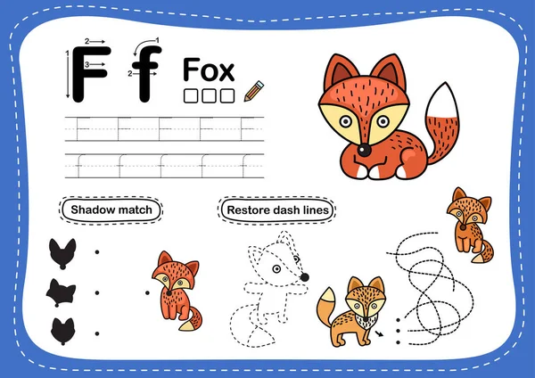 Alfabeto Carta Fox Exercício Com Desenho Animado Vocabulário Ilustração Vetor — Vetor de Stock