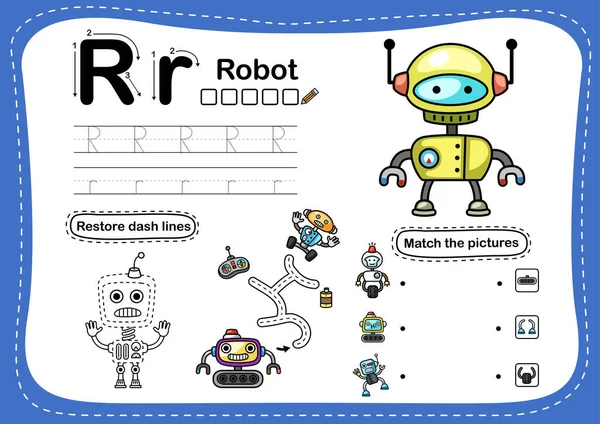 アルファベット文字漫画の語彙イラストとR Botの練習 ベクトル — ストックベクタ