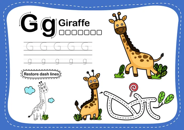 Alphabet Buchstabe Giraffe Übung Mit Cartoon Vokabular Illustration Vektor — Stockvektor