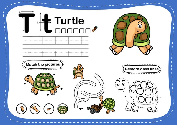 Letra Del Alfabeto Ejercicio Tortuga Con Ilustración Vocabulario Dibujos Animados — Archivo Imágenes Vectoriales
