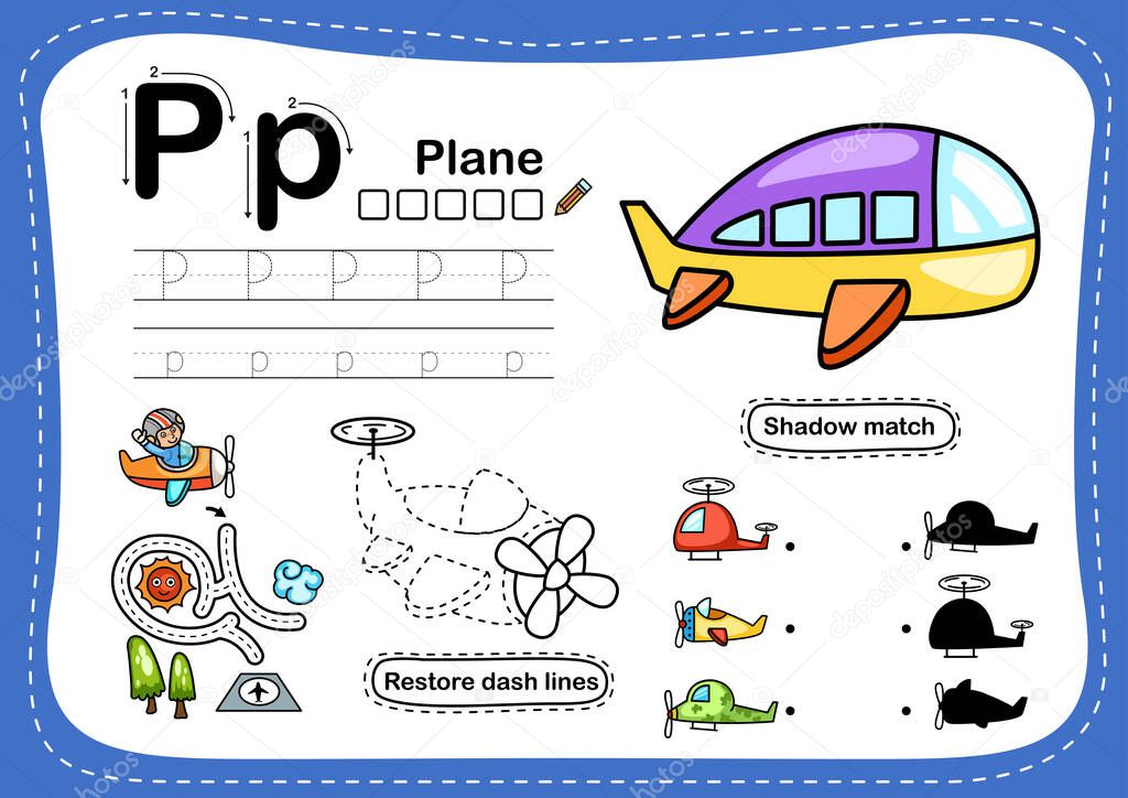 Alphabet Letter P-plane exercise with cartoon vocabulary illustration, vector
