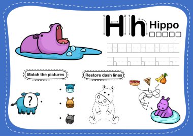 Harf H-hipopotam egzersizi karikatür kelime çizimi, vektör