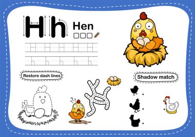 Alphabet Letter H-hen exercise with cartoon vocabulary illustration, vector