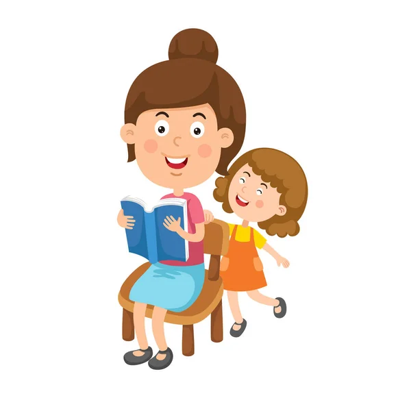 本のベクトルを読んでいる母親と子供の少女のイラスト — ストックベクタ