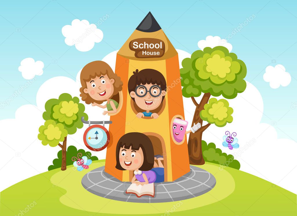 Illustration of  children playing at pencil house vector