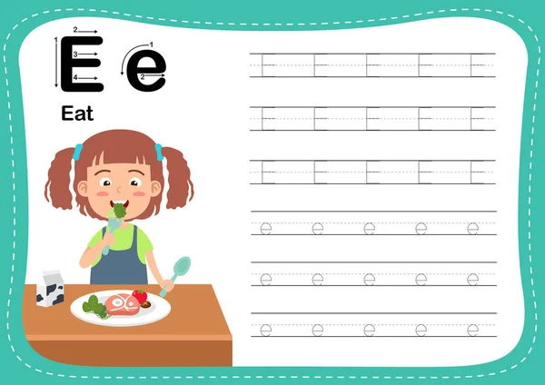 Alphabet Letter Eat Exercise Cut Girl Vocabulary Illustration Vector — Archivo Imágenes Vectoriales