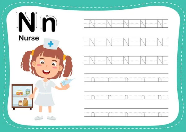 Alphabet Buchstabe Krankenschwester Übung Mit Geschnittenen Mädchen Vokabeln Illustration Vektor — Stockvektor