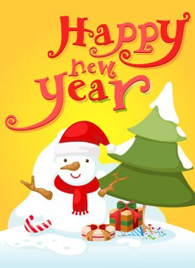 mutlu yeni yıl tipografi ve kardan adam manzara arka plan vecto